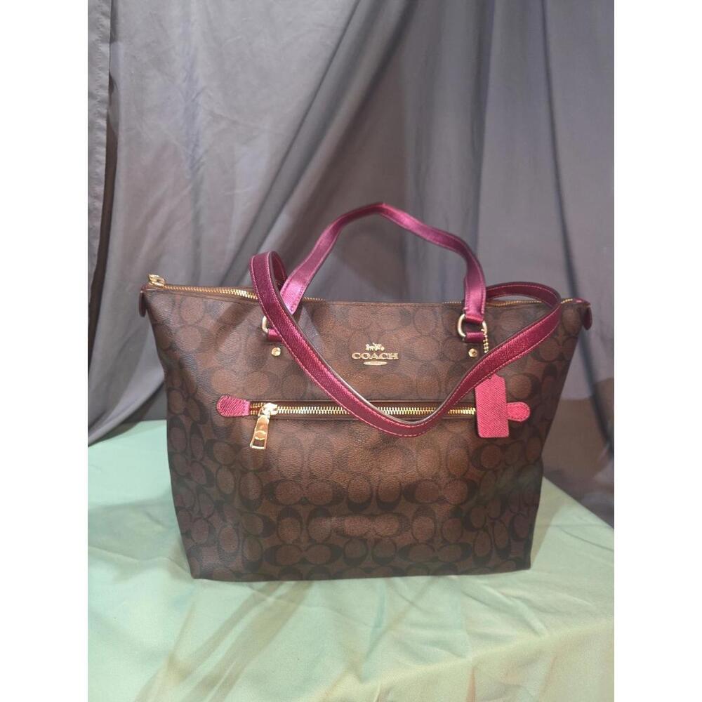 Coach Gallery Tote F87701 Signature Canvas Brown Purple Trim Zip Top